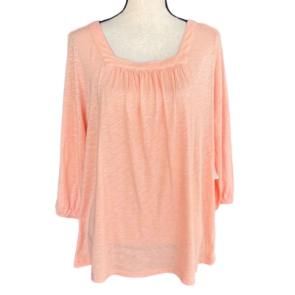 Style & Co 0X-Large Top 3/4 Sleeves Square Pleated Neck Stretch Peach New